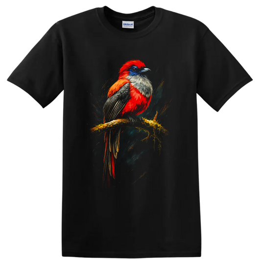 Vibrant trogon perched on a mossy branch in expressive painted wildlife art on a Black T Shirt