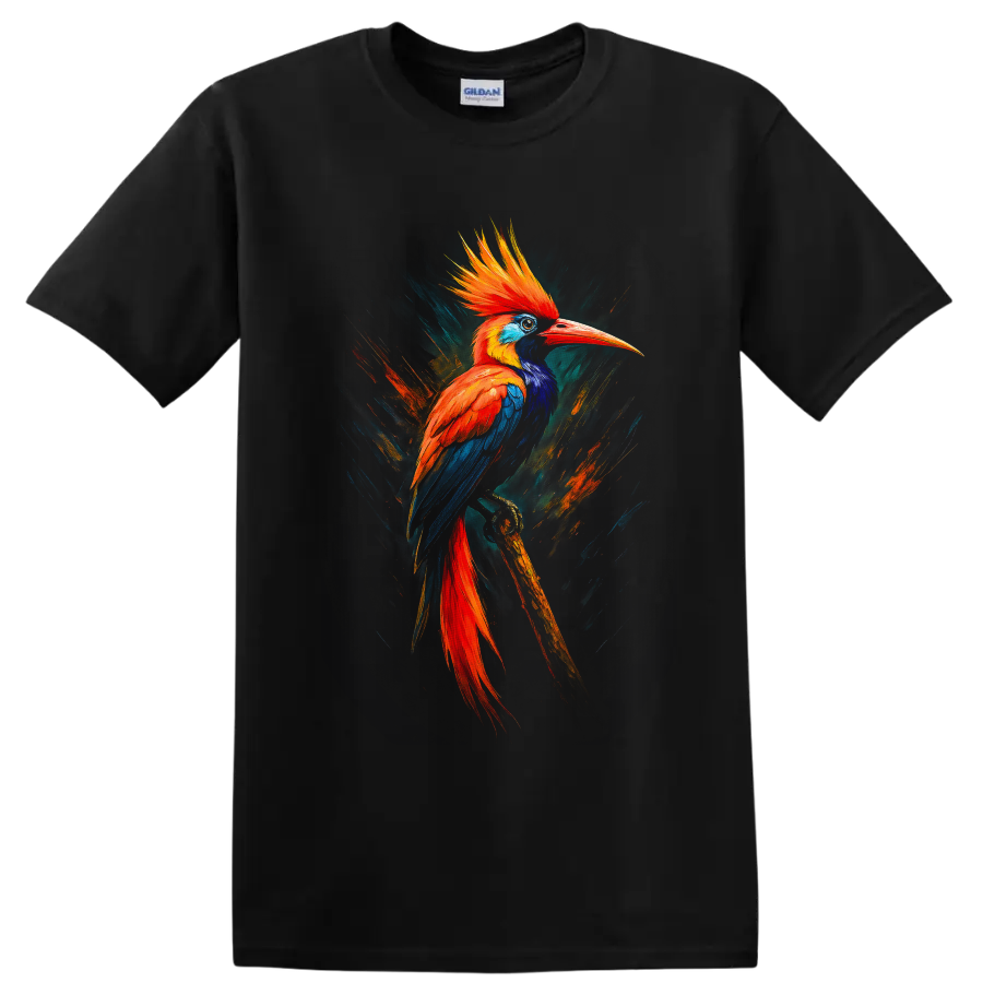 Vibrant painterly hornbill bird with orange crest and blue wings on a branch on a Black T Shirt