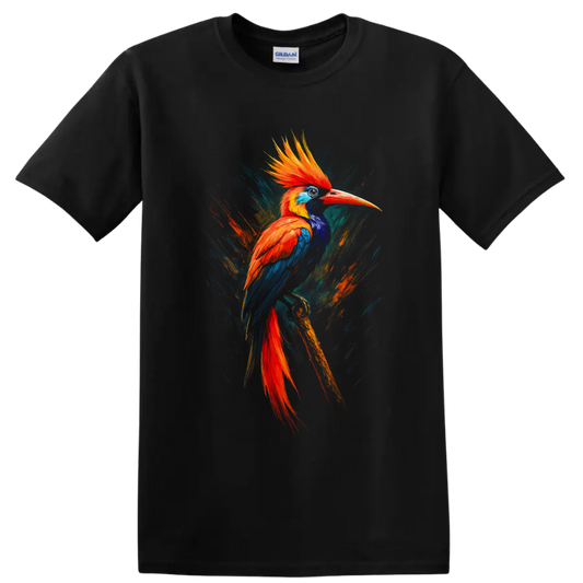 Vibrant painterly hornbill bird with orange crest and blue wings on a branch on a Black T Shirt