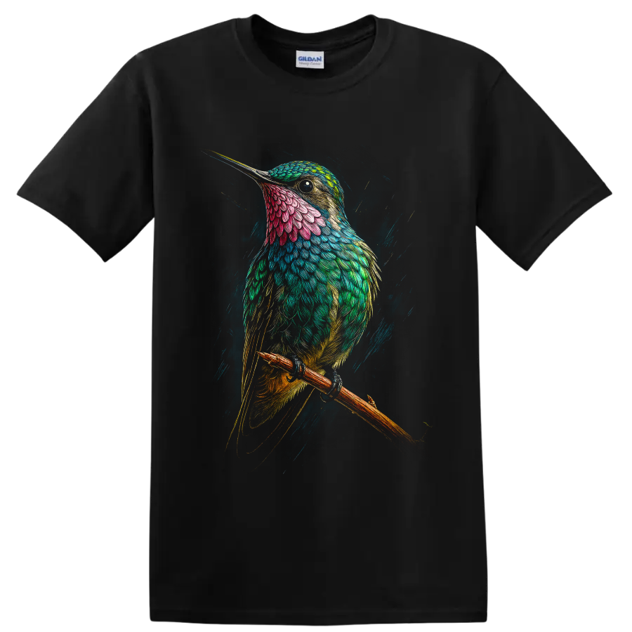 Colorful hummingbird perched on a branch in modern detailed feather art on a Black T Shirt