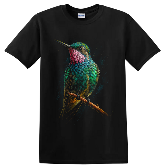 Colorful hummingbird perched on a branch in modern detailed feather art on a Black T Shirt