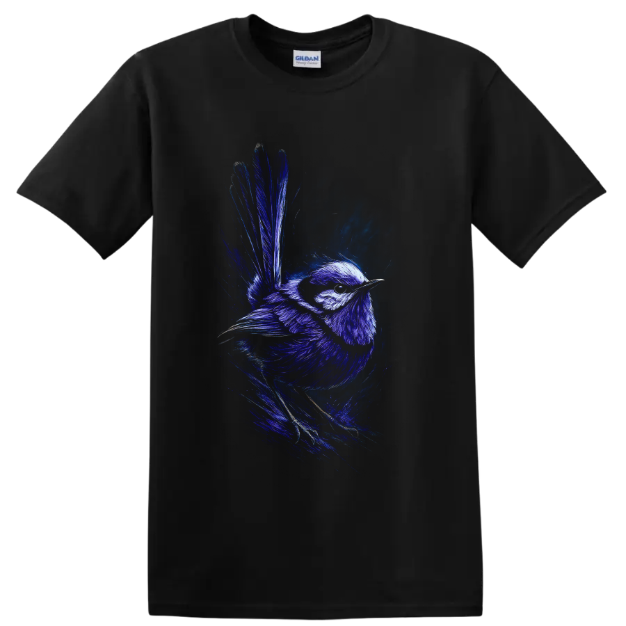 Superb fairywren in vivid blue dynamic wildlife sketch art with raised tail on a Black T Shirt