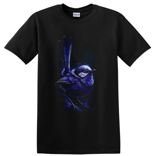 Superb fairywren in vivid blue dynamic wildlife sketch art with raised tail on a Black T Shirt