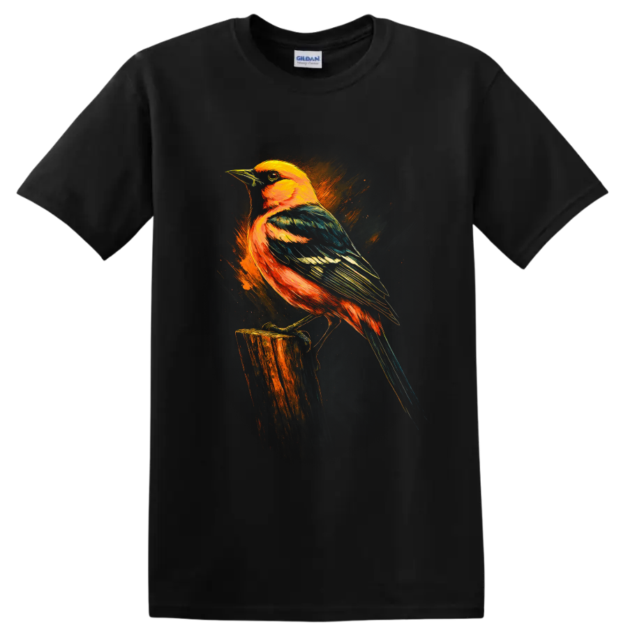 Baltimore oriole perched on a stump in vivid orange, teal, and blue painterly art on a Black T Shirt