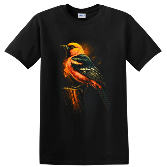 Baltimore oriole perched on a stump in vivid orange, teal, and blue painterly art on a Black T Shirt