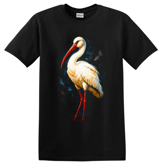 Modern painted white stork portrait with red bill and legs on blue brushstroke art on a Black T Shirt