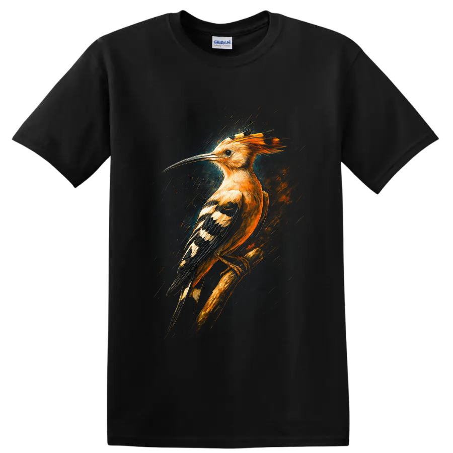 Dramatic painterly hoopoe bird with orange crest, curved bill, and patterned wings on a Black T Shirt