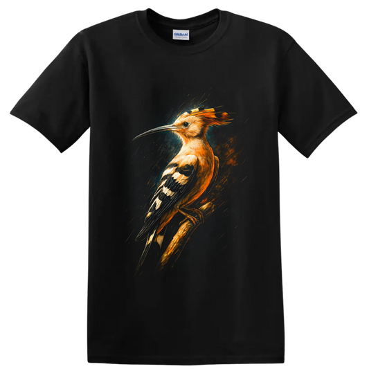 Dramatic painterly hoopoe bird with orange crest, curved bill, and patterned wings on a Black T Shirt