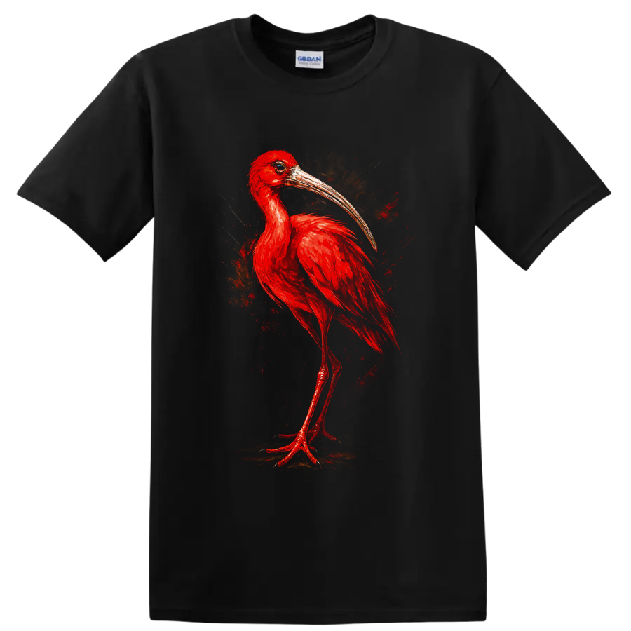Painterly scarlet ibis portrait with vivid red feathers and a long curved bill on a Black T Shirt
