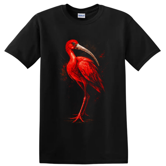 Painterly scarlet ibis portrait with vivid red feathers and a long curved bill on a Black T Shirt