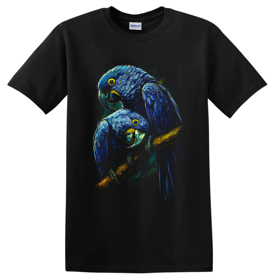 Two blue macaw parrots in vivid modern tropical wildlife illustration on a Black T Shirt