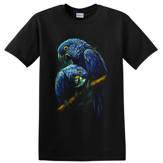 Two blue macaw parrots in vivid modern tropical wildlife illustration on a Black T Shirt