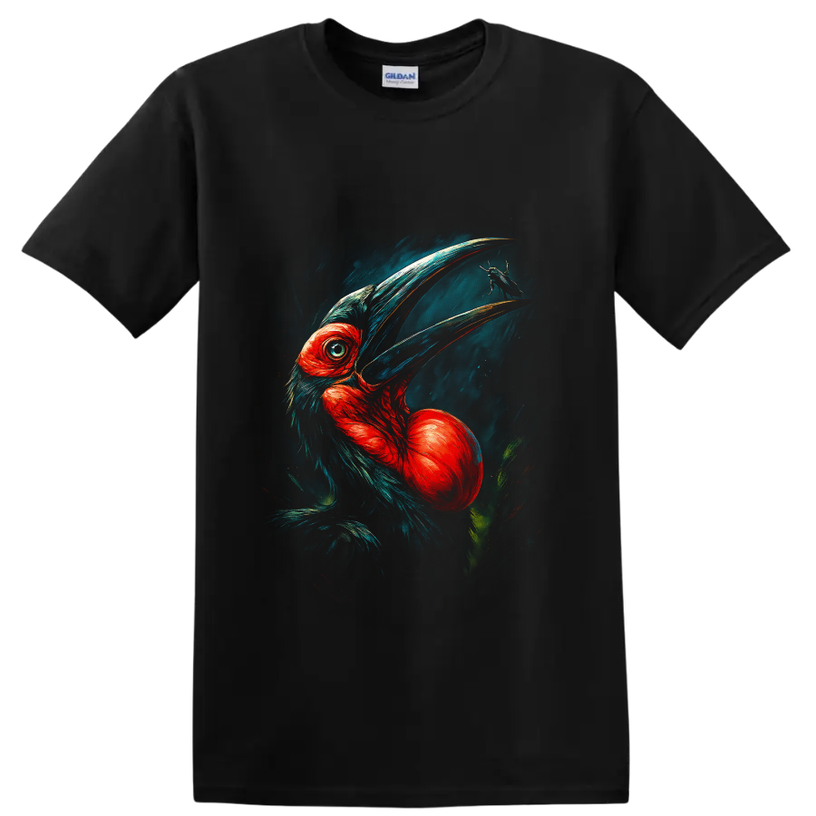 Painterly hornbill portrait with sweeping bill, red-orange feathers, teal plumage, and on a Black T Shirt