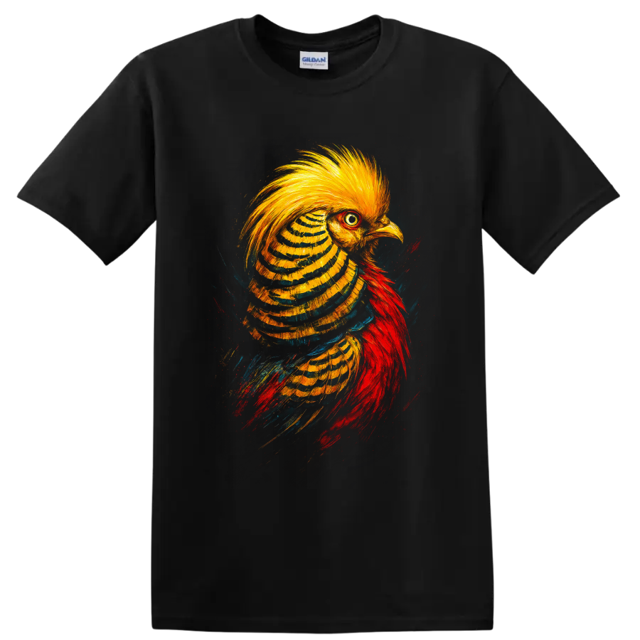 Vibrant painterly golden pheasant portrait with golden crest and red plumage on a Black T Shirt