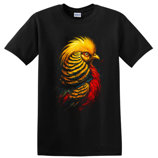 Vibrant painterly golden pheasant portrait with golden crest and red plumage on a Black T Shirt