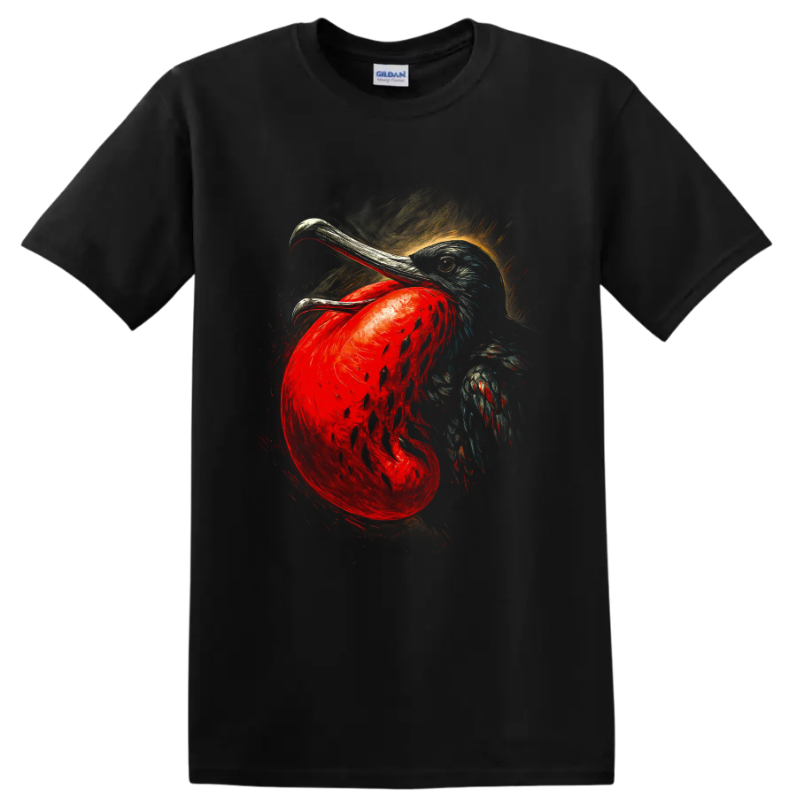 Great frigatebird portrait with red throat pouch in expressive painterly bird art on a Black T Shirt