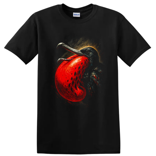 Great frigatebird portrait with red throat pouch in expressive painterly bird art on a Black T Shirt