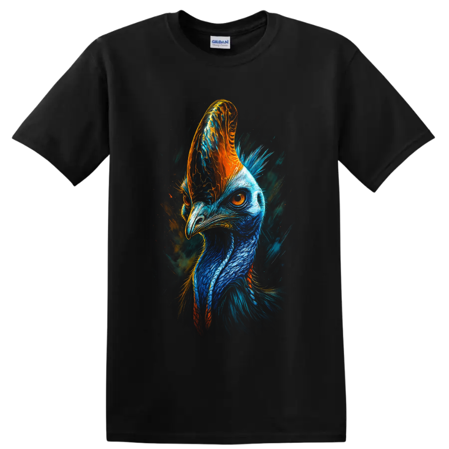 Vibrant blue and orange cassowary portrait in expressive painterly wildlife art on a Black T Shirt