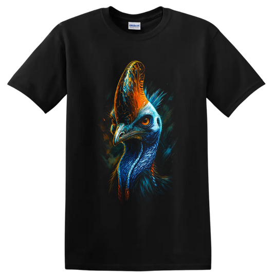 Vibrant blue and orange cassowary portrait in expressive painterly wildlife art on a Black T Shirt