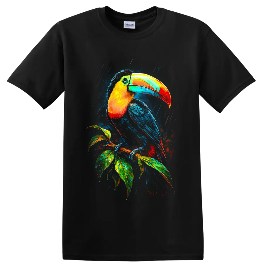 Colorful modern toucan illustration perched on a leafy tropical branch in rain on a Black T Shirt