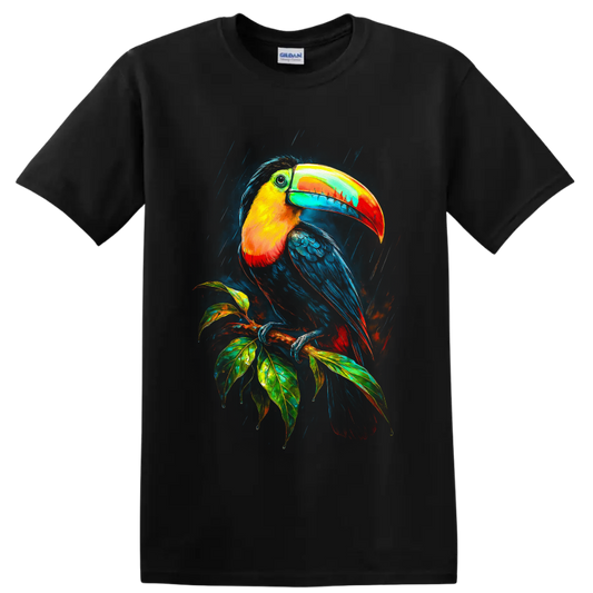 Colorful modern toucan illustration perched on a leafy tropical branch in rain on a Black T Shirt
