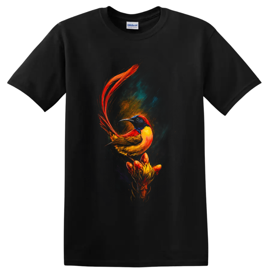 Vibrant painterly sunbird with red tail feathers perched above a dramatic flower on a Black T Shirt