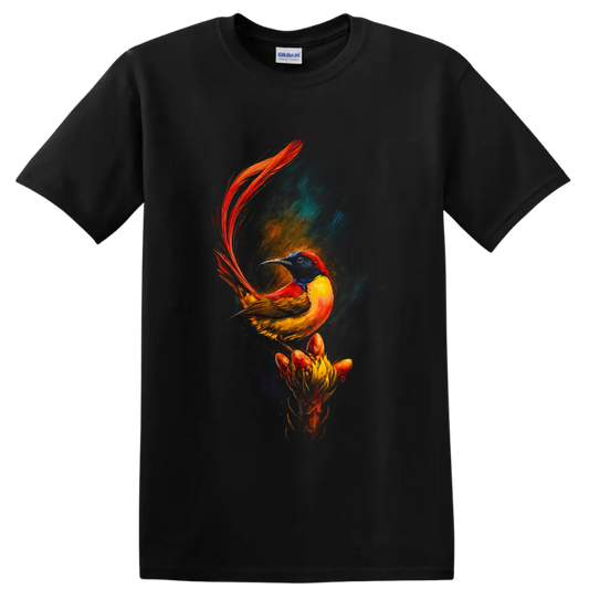 Vibrant painterly sunbird with red tail feathers perched above a dramatic flower on a Black T Shirt