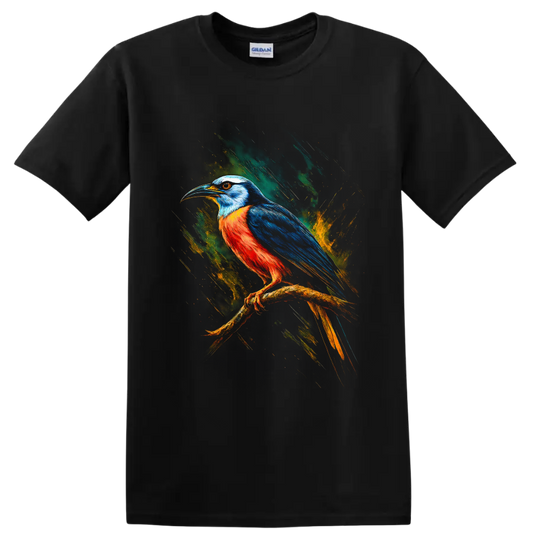 Colorful kingfisher perched on a branch in dynamic modern paint-splash art on a Black T Shirt