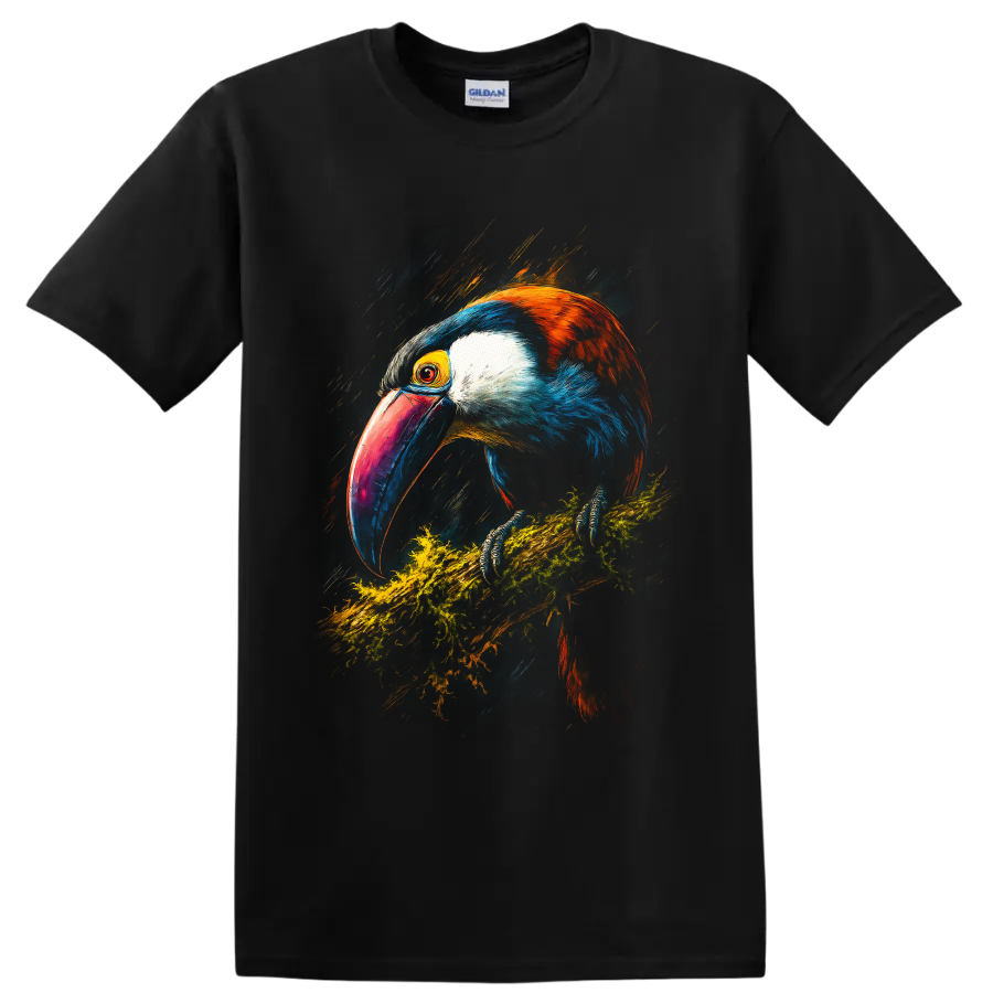 Vibrant painterly toucan perched on a mossy branch with a colorful oversized bill on a Black T Shirt
