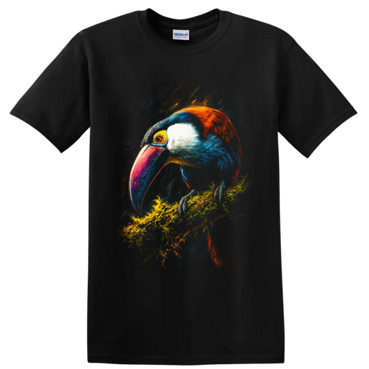 Vibrant painterly toucan perched on a mossy branch with a colorful oversized bill on a Black T Shirt