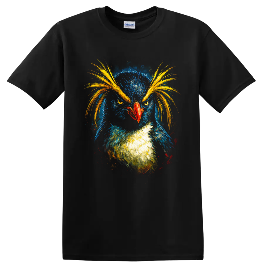 Colorful painterly macaroni penguin portrait with golden crest plumes on a Black T Shirt