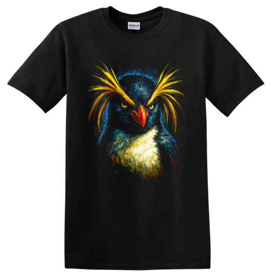 Colorful painterly macaroni penguin portrait with golden crest plumes on a Black T Shirt