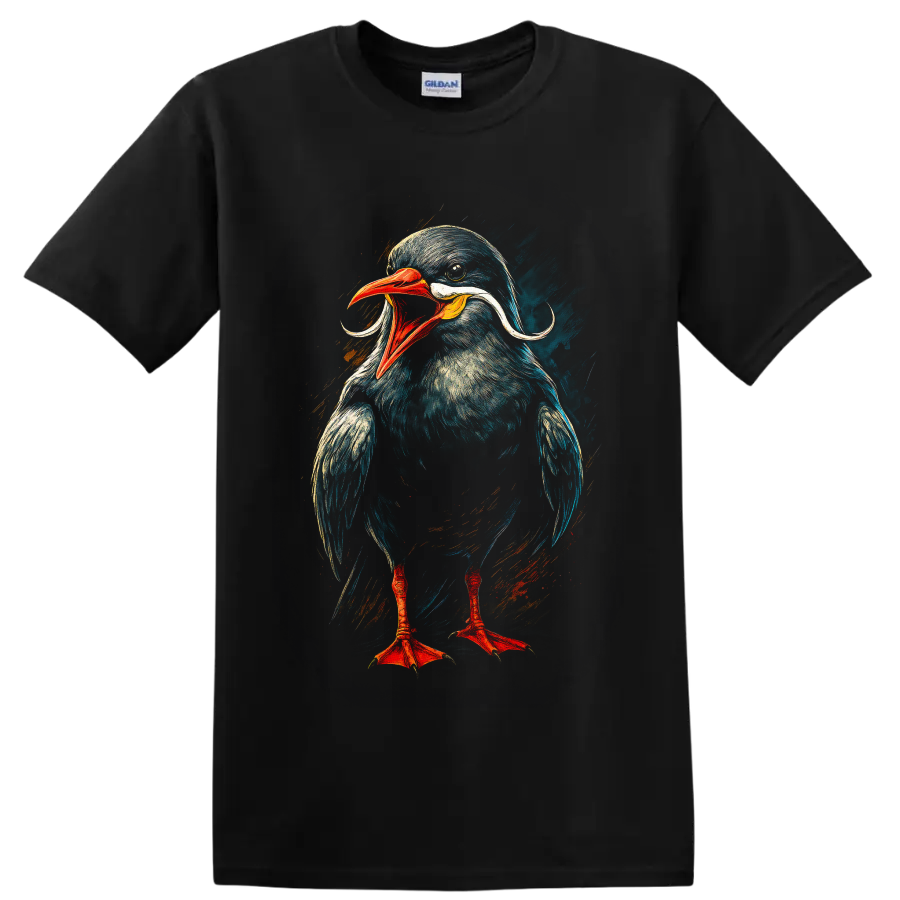 Dynamic painted Inca tern portrait with curled white plumes and red-orange beak on a Black T Shirt