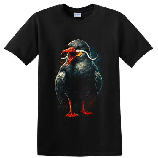 Dynamic painted Inca tern portrait with curled white plumes and red-orange beak on a Black T Shirt