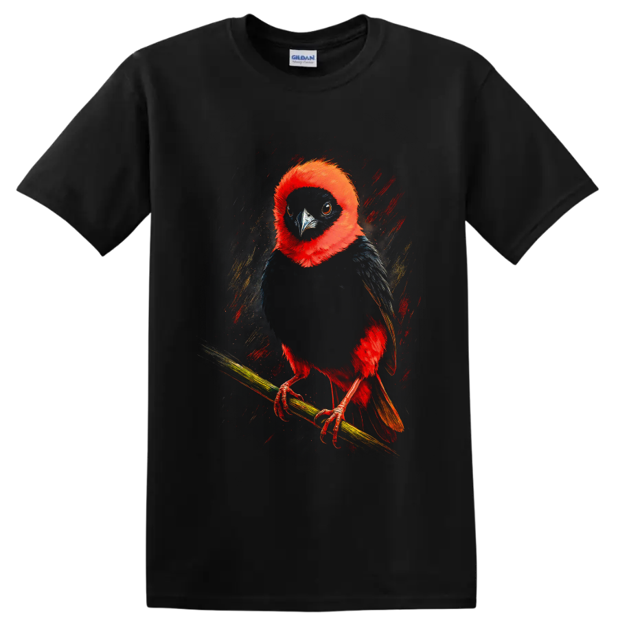 Red-Headed Trogon bird portrait in vivid painterly tropical wildlife art on a Black T Shirt