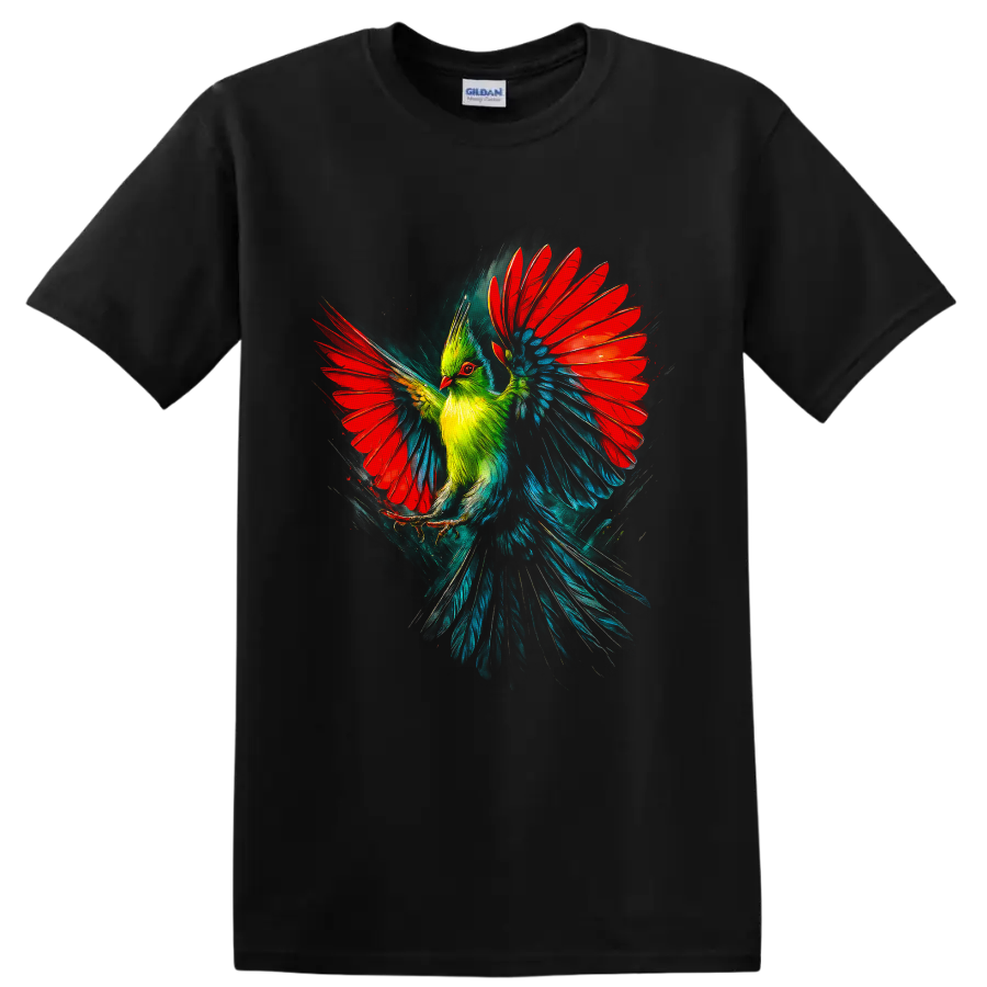 Painterly turaco in flight with vivid red wings, green crest, and teal-blue feathers on a Black T Shirt