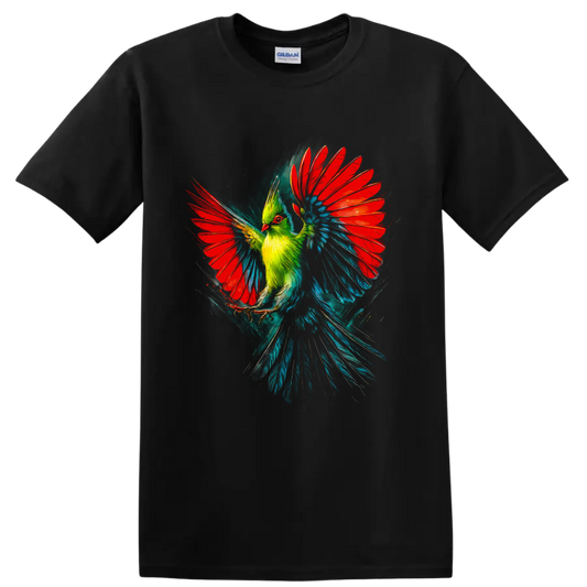 Painterly turaco in flight with vivid red wings, green crest, and teal-blue feathers on a Black T Shirt