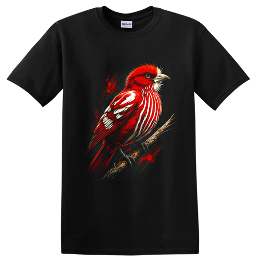 Red cardinal perched on a branch in dramatic painterly wildlife art on a Black T Shirt