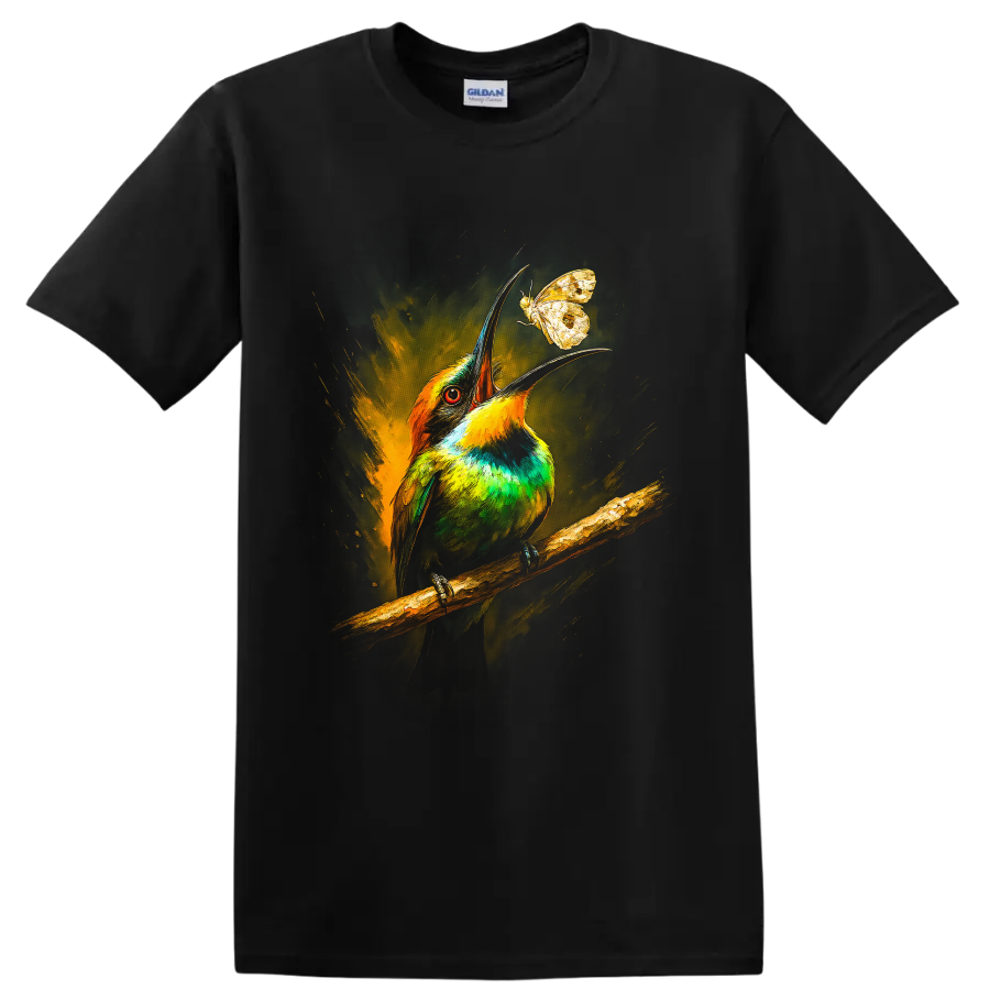 Colorful bee-eater bird reaching toward a butterfly in painterly wildlife art on a Black T Shirt