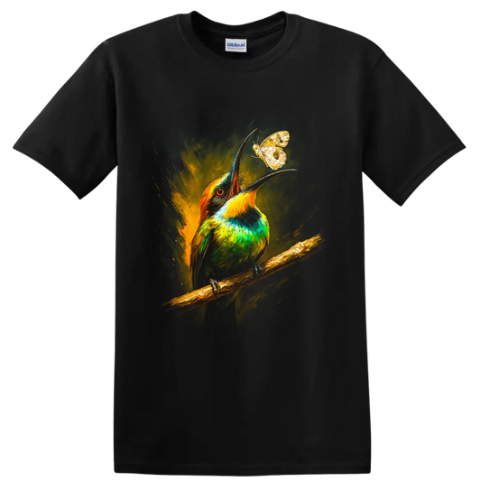 Colorful bee-eater bird reaching toward a butterfly in painterly wildlife art on a Black T Shirt