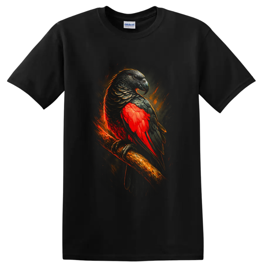 Dramatic Pesquet's parrot artwork with red plumage, dark feathers, and fiery brushstrokes on a Black T Shirt
