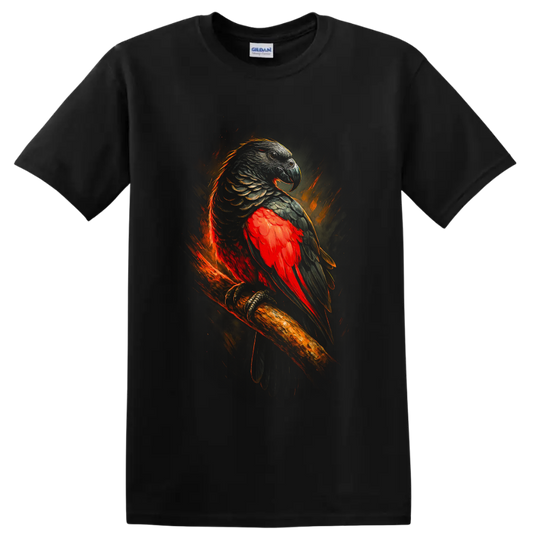 Dramatic Pesquet's parrot artwork with red plumage, dark feathers, and fiery brushstrokes on a Black T Shirt