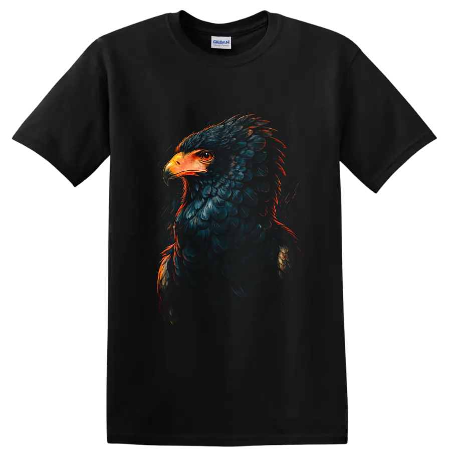 Bald eagle portrait in dramatic blue feathers with fiery orange painterly accents on a Black T Shirt