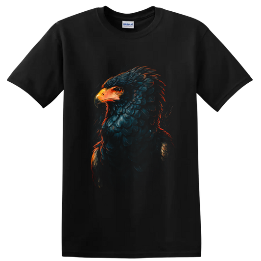 Bald eagle portrait in dramatic blue feathers with fiery orange painterly accents on a Black T Shirt