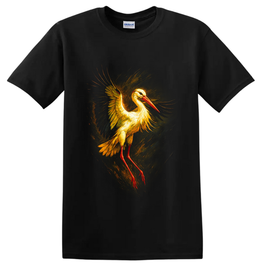 Painterly white stork in flight with golden wings, red bill, and swirling brushwork on a Black T Shirt