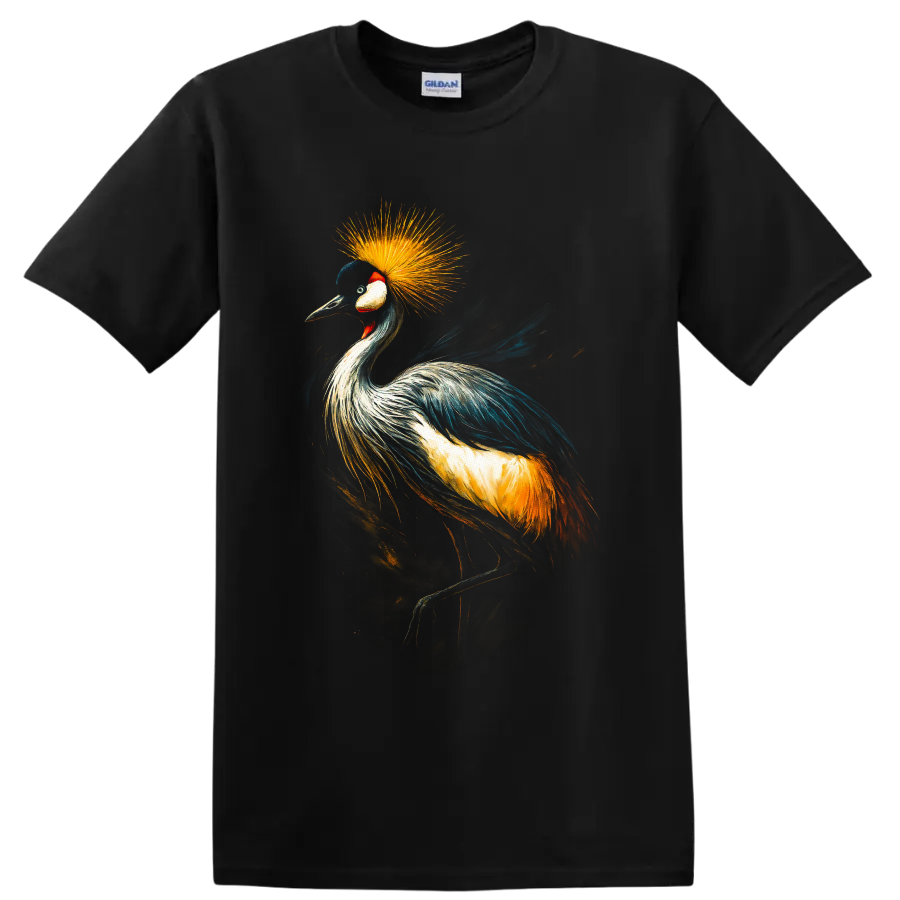Painterly grey crowned crane portrait with a radiant golden feather crown on a Black T Shirt
