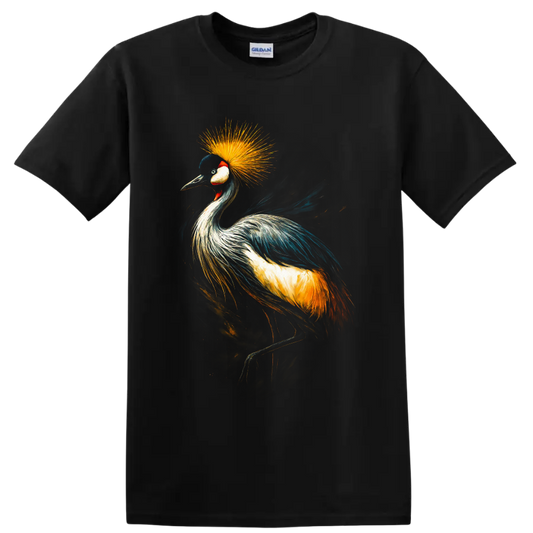Painterly grey crowned crane portrait with a radiant golden feather crown on a Black T Shirt