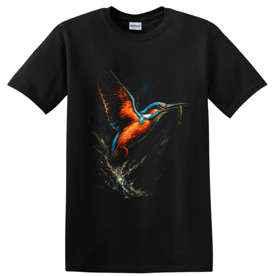 Colorful painterly kingfisher flying with a fish above a dramatic water splash on a Black T Shirt