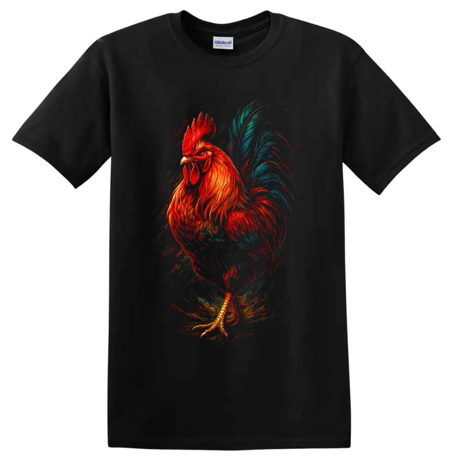 Modern painted rooster with red-orange feathers and sweeping teal-blue tail on a Black T Shirt