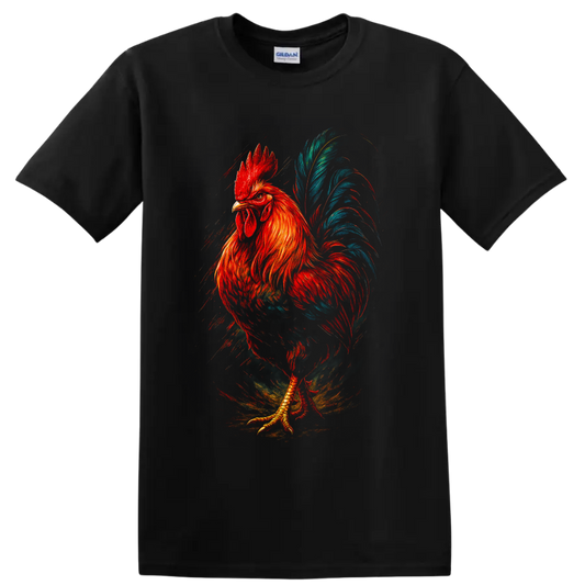 Modern painted rooster with red-orange feathers and sweeping teal-blue tail on a Black T Shirt